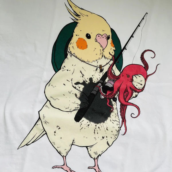 【小鳥のTシャツ】オカメインコ「今日はたこ焼き」 ビッグシルエットＴシャツ