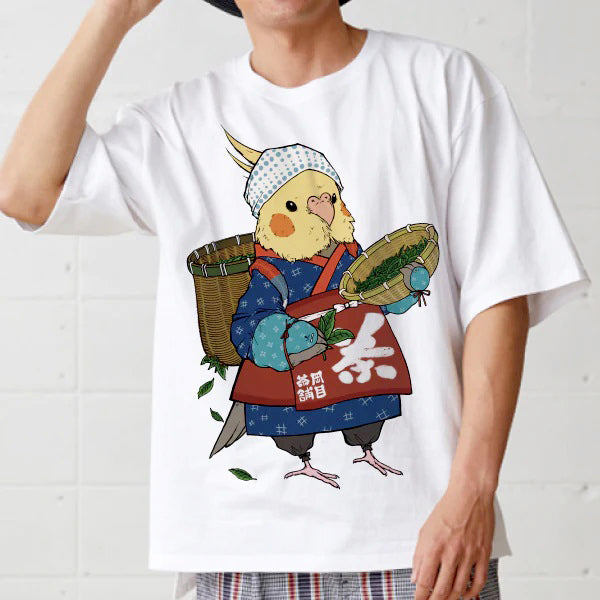 【小鳥のTシャツ】オカメインコ「お茶摘みしましょう」 ビッグシルエットＴシャツ