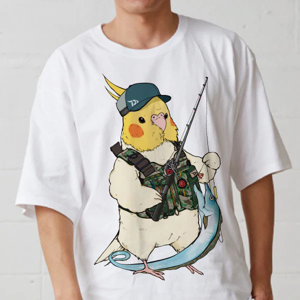 【小鳥のTシャツ】オカメインコ「タチウオ釣れたよ」 ビッグシルエットＴシャツ