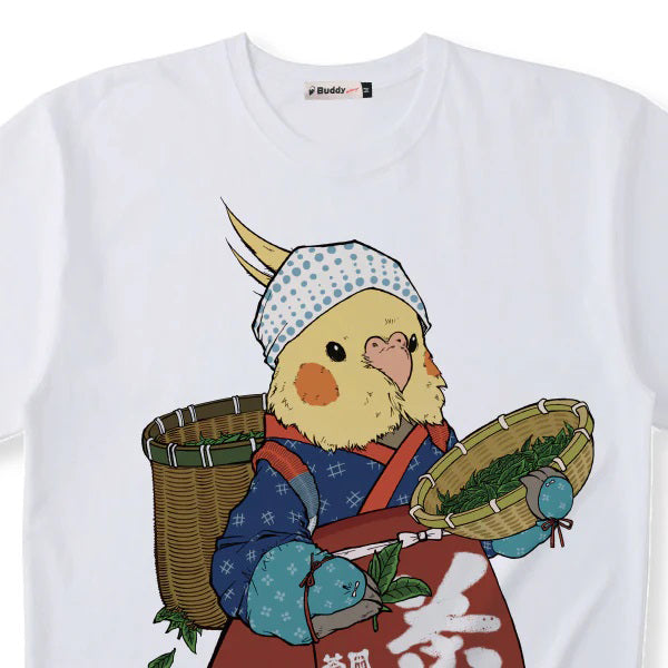 【小鳥のTシャツ】オカメインコ「お茶摘みしましょう」 ビッグシルエットＴシャツ