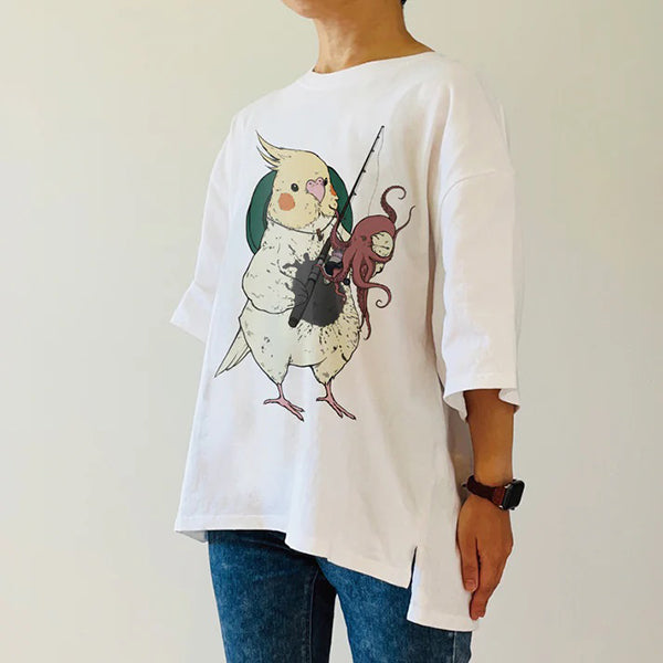 【小鳥のTシャツ】オカメインコ「今日はたこ焼き」 ビッグシルエットＴシャツ