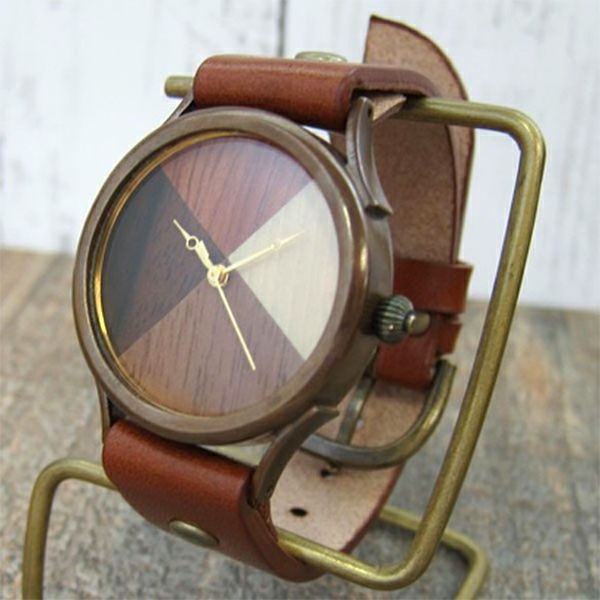 【時計職人のハンドメイド腕時計】４種のウッドから作る文字盤　Lサイズ　WB-077